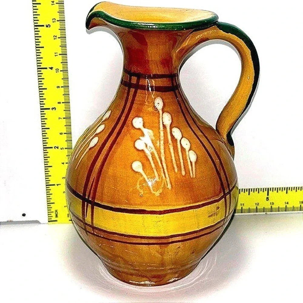 Hand Painted Ceramic‎ Pitcher Vase Rustic Farmhouse Decor Small Jug Tan 5.5